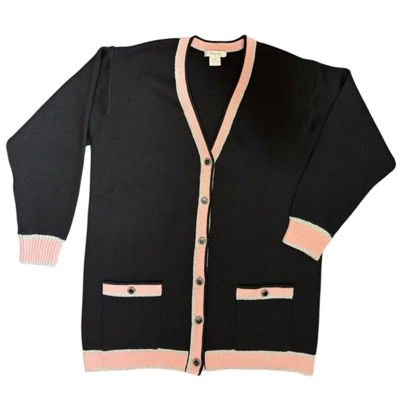 Vintage couture BLEYLE Merino wool cardigan black pink metallic silver large - Picture 12 of 15